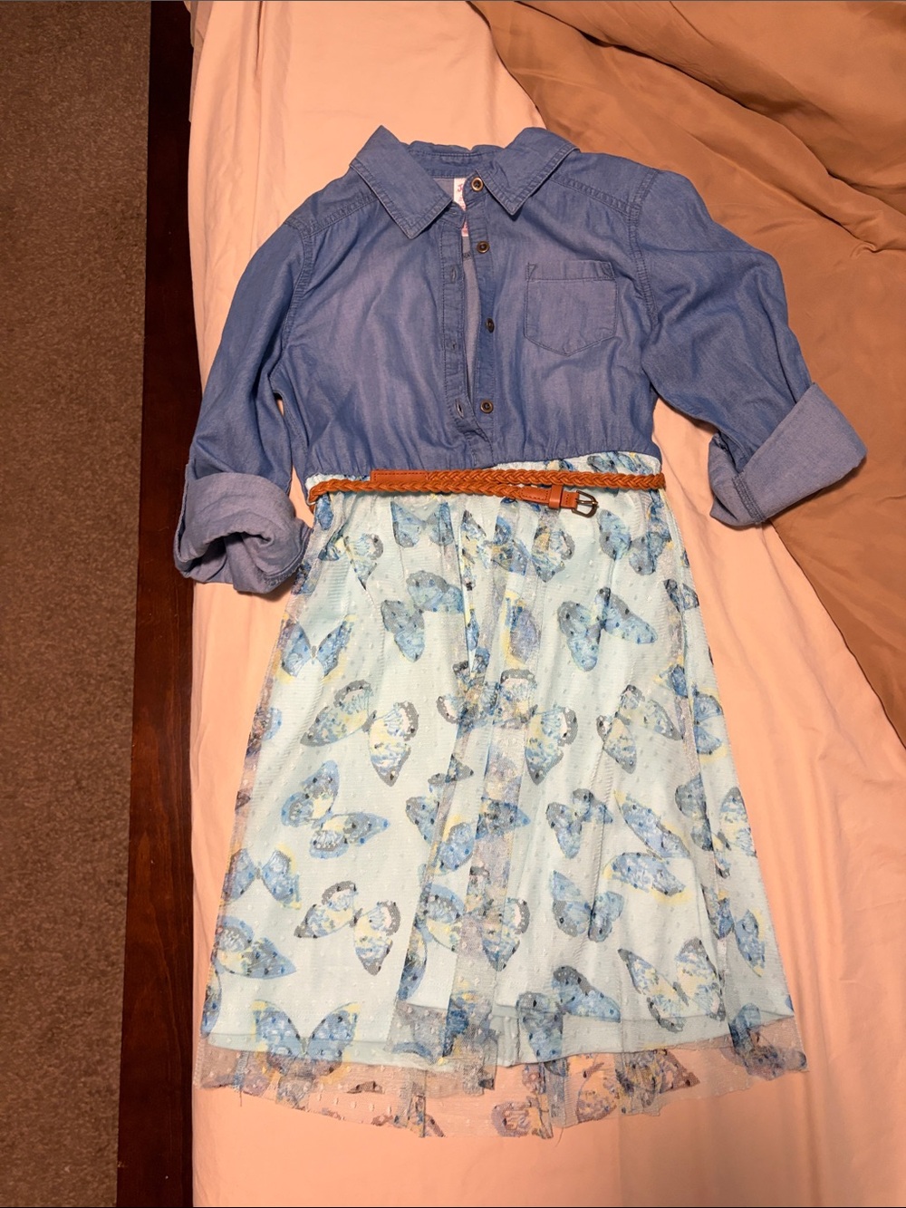 Justice Light Blue Butterfly Tulle Skirt with Braided Tan Belt